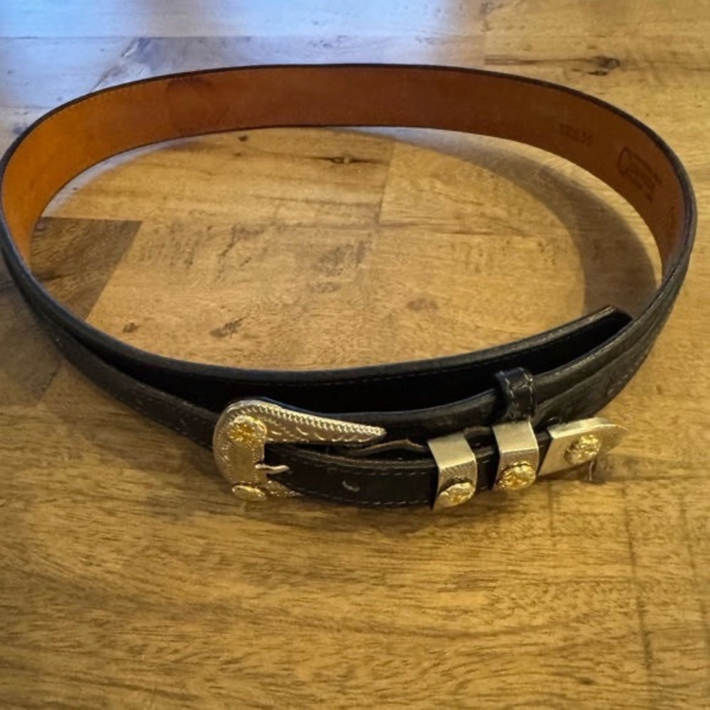 Elegant Black Leather Belt with Gold Buckle